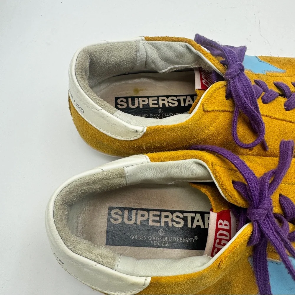 Golden Goose Yellow Suede Sneakers with Purple Laces and Teal Star